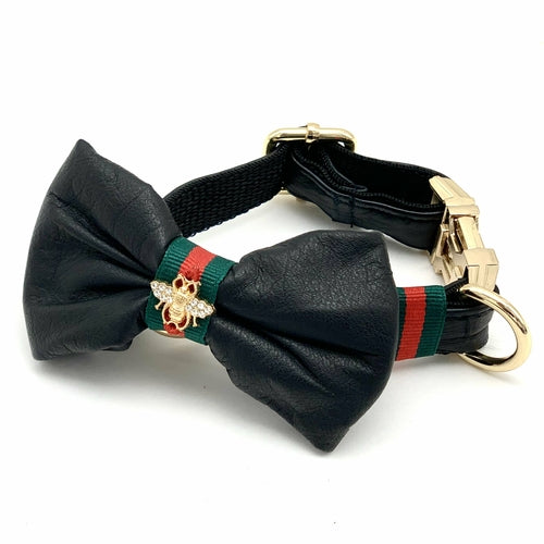 GucciBee Genuine Black Leather Designer Collar & Bow Tie - Boujeecat
