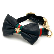 Load image into Gallery viewer, GucciBee Genuine Black Leather Designer Collar &amp; Bow Tie - Boujeecat
